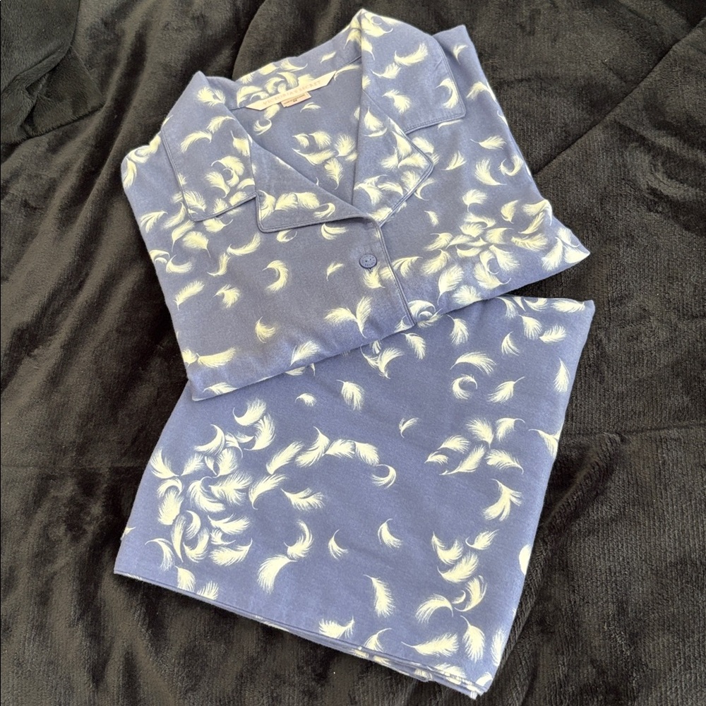 Victoria’s Secret Elegant Long Sleeve Blue Pajama Set with White Feather Accents